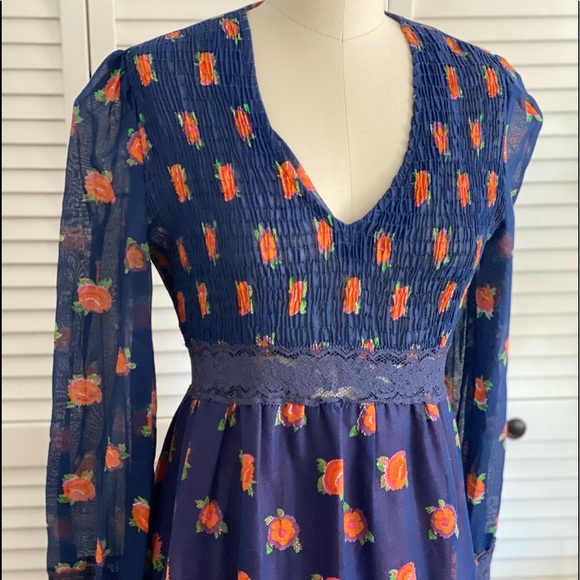 Vintage Blue Floral Voile Maxi Dress M - Picture 2 of 4